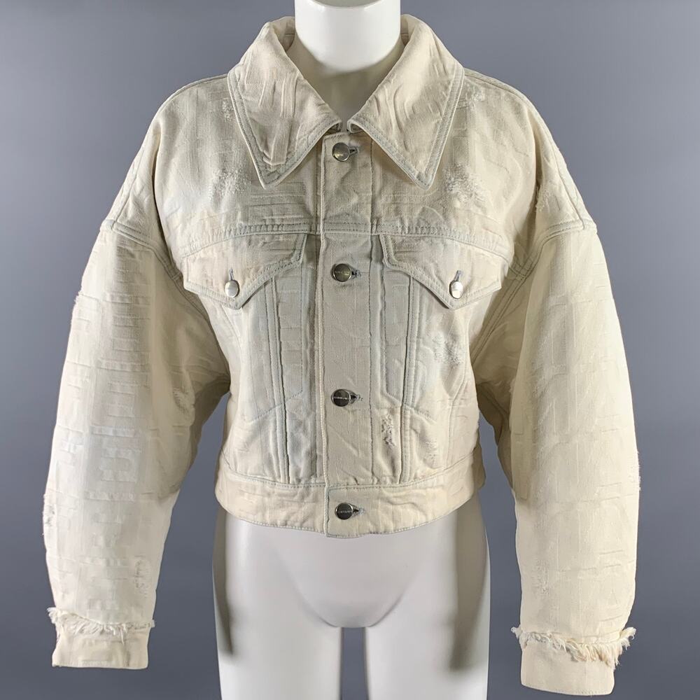 FENDI Size 0 Cream Silver Cotton Monogram Trucker Jacket
